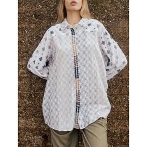 Soft Surroundings‎ Gauze Top Womens 1X White  Embroidered Leopard Cotton Blouse